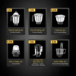 Prestige 1000 Watts Endura Pro Mixer Grinder with 6 Jars and Food Processor Attachments| Sturdy Stainless Steel Body| Ball Bearing Pure Copper Motor| See-Through Lids| Black and Silver