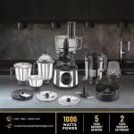Prestige 1000 Watts Endura Pro Mixer Grinder with 6 Jars and Food Processor Attachments| Sturdy Stainless Steel Body| Ball Bearing Pure Copper Motor| See-Through Lids| Black and Silver